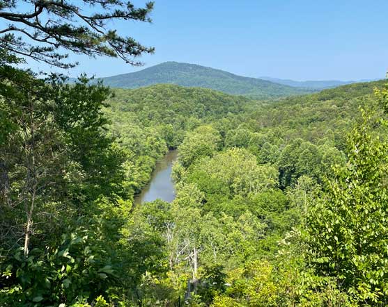 Breathtaking panoramic view of a winding river cutting through a dense forest, with rolling mountains stretching across the horizon. The lush green foliage blankets the landscape, creating a serene and untouched natural setting. The vantage point offers a stunning overlook, capturing the beauty of the river valley nestled among the Blue Ridge Mountains.