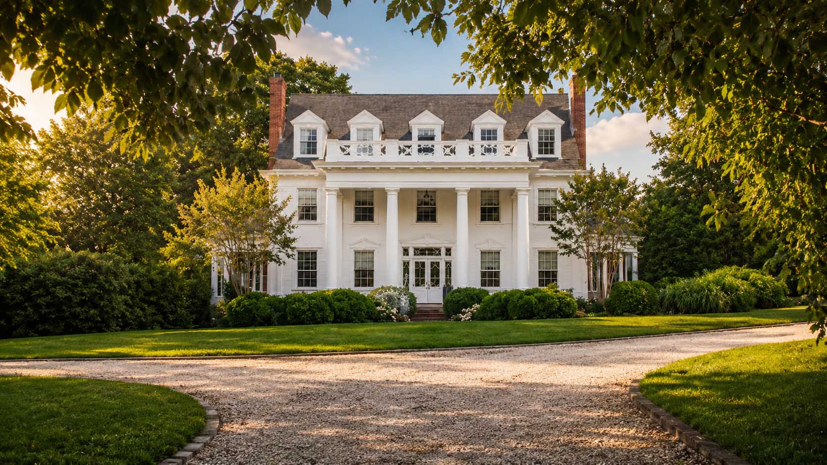 Luxury historic home in Central Virginia with grand columned facade, sweeping circular drive, manicured grounds, and timeless estate architecture